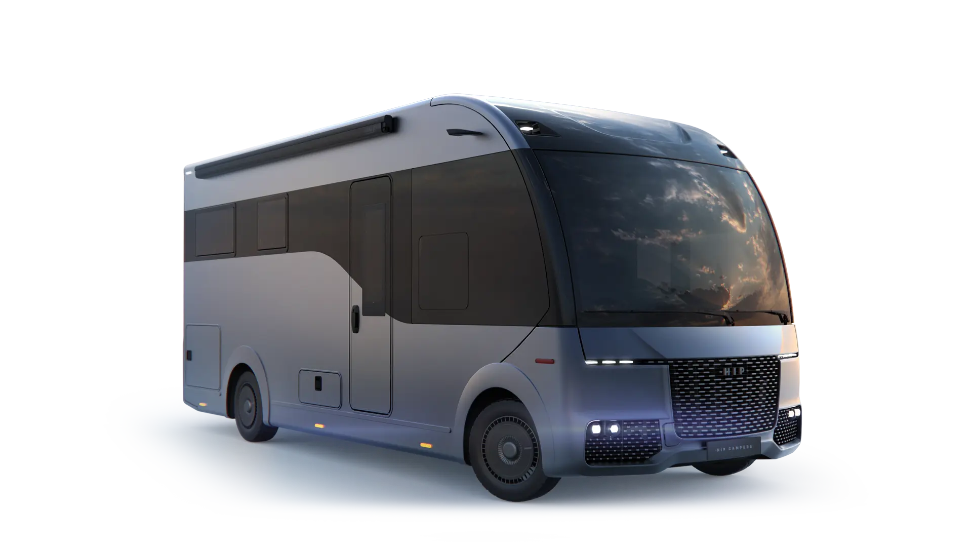 HIP-4Family-Front-Side-View-trans-land Front-side view of 4Family, a family motorhome by HIP Campers.