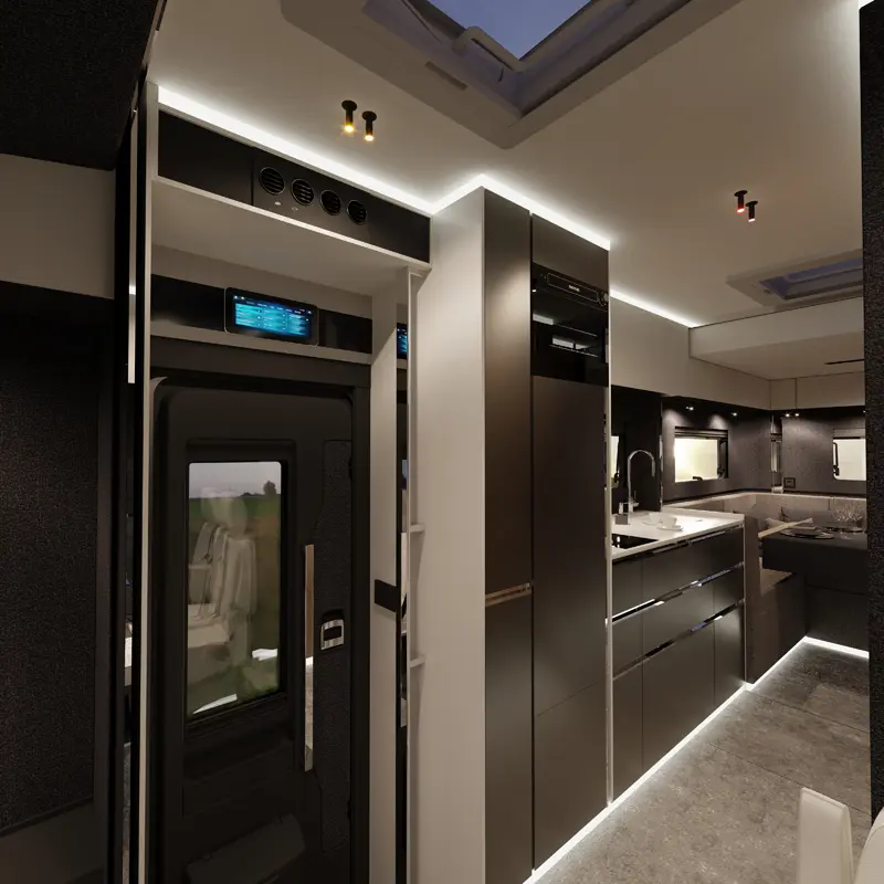 HIP-4Family-Kitchen-1-sq The kitchen and entry door of 4Family, a family motorhome by HIP Campers.