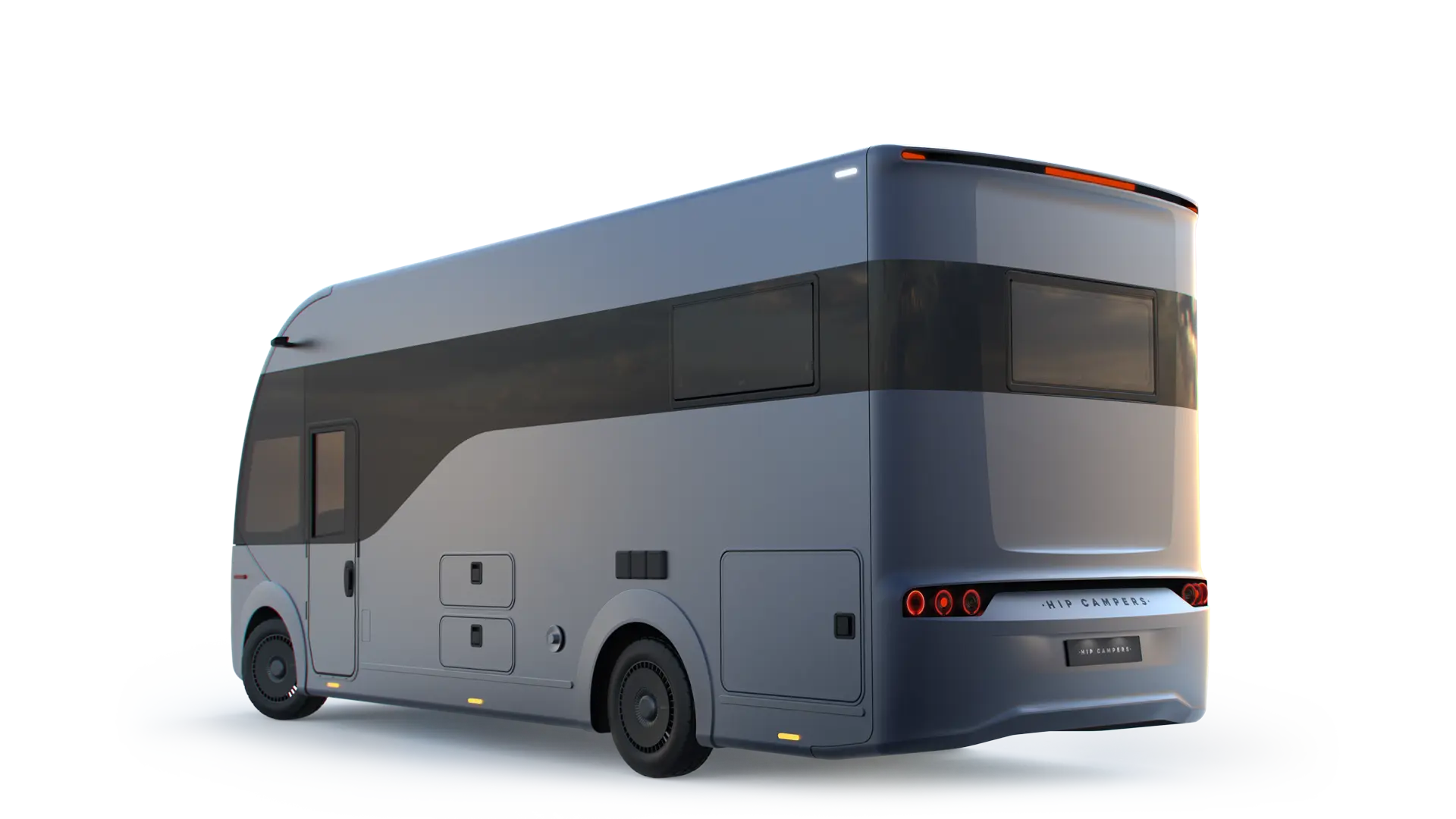 HIP-4Family-Rear-Side-View-trans-land Rear-side view of 4Family, a family motorhome by HIP Campers.