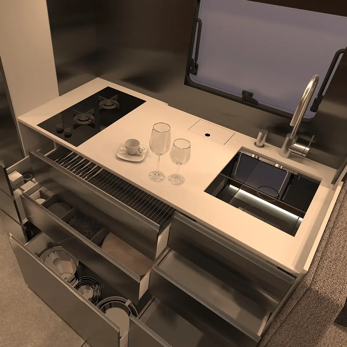 HIP 4Family Kitchen The drawers in the kitchen of 4Family, a family motorhome by HIP Campers.