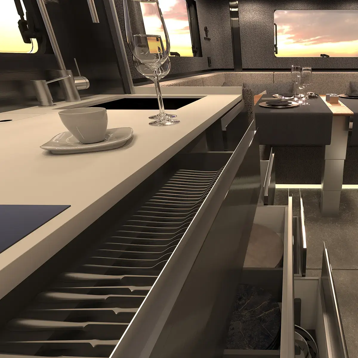 HIP 4Family Kitchen The drawers in the kitchen of 4Family, a family motorhome by HIP Campers.