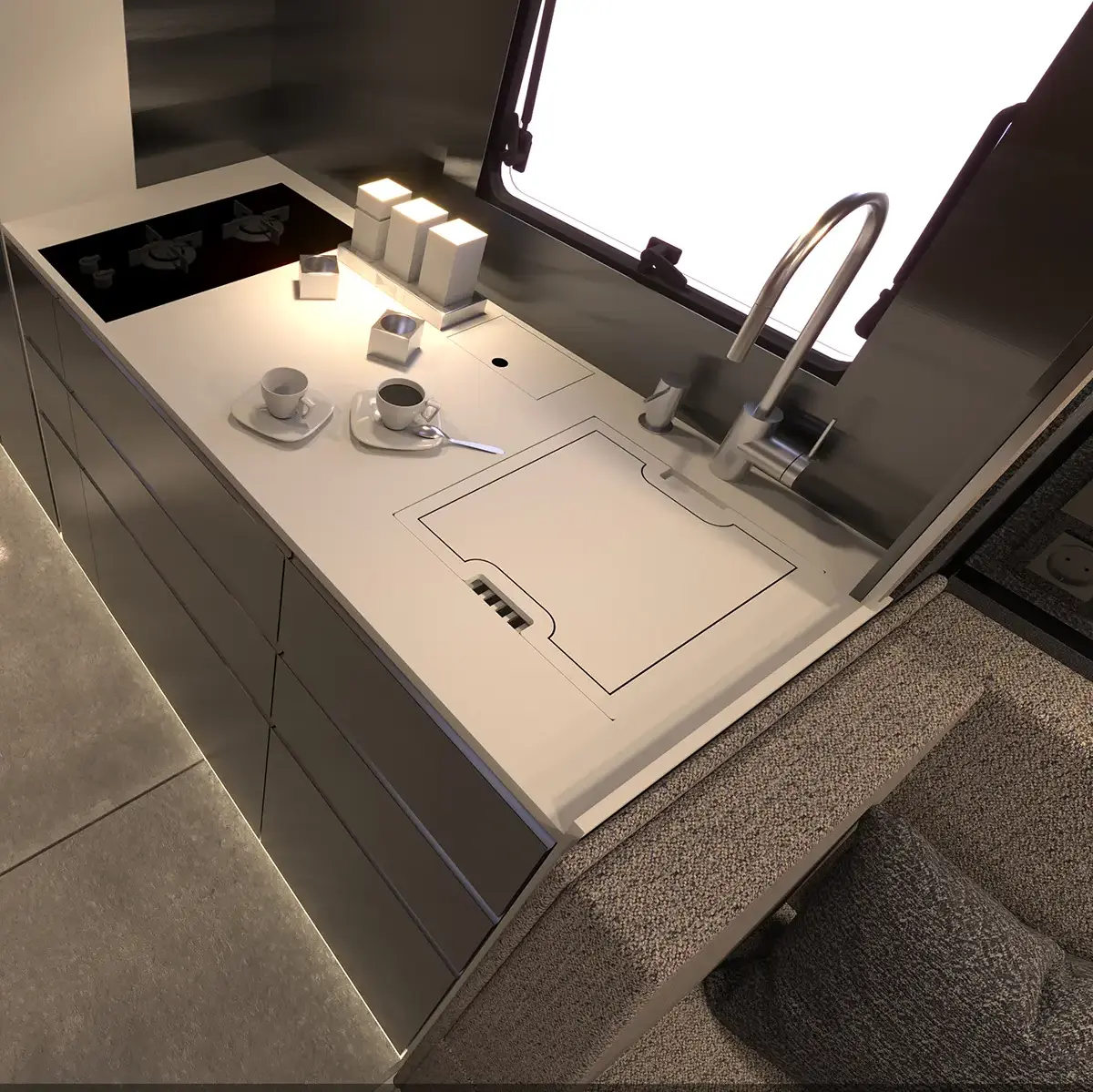 HIP 4Family Kitchen Cooktop The kitchen cooktop of 4Family, a family motorhome by HIP Campers.